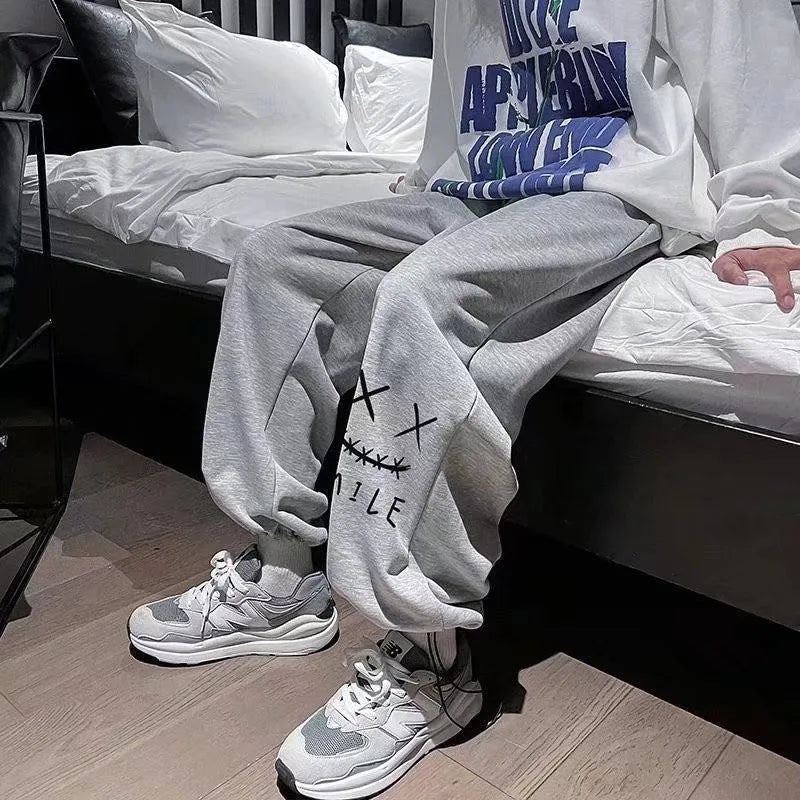 Plus Size M-8XL Men Pants Oversized Sports Pant Fashion Trend Cartoon Smiling Face Printed Long Pants Loose Casual Sweatpants
