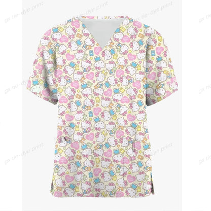 Medical Scrubs Dental Nursing Uniform Surgical Shirts for Women Hello Kitty Printing Surgery Clothes Cotton Medical Clothing  ﻿