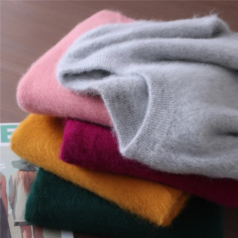 Autumn Winter Sweater Pullover Women's Clothing 100% Mink Cashmere Sweater Pullover O-Neck Basic Long Sleeve Warm Fleece Knitted