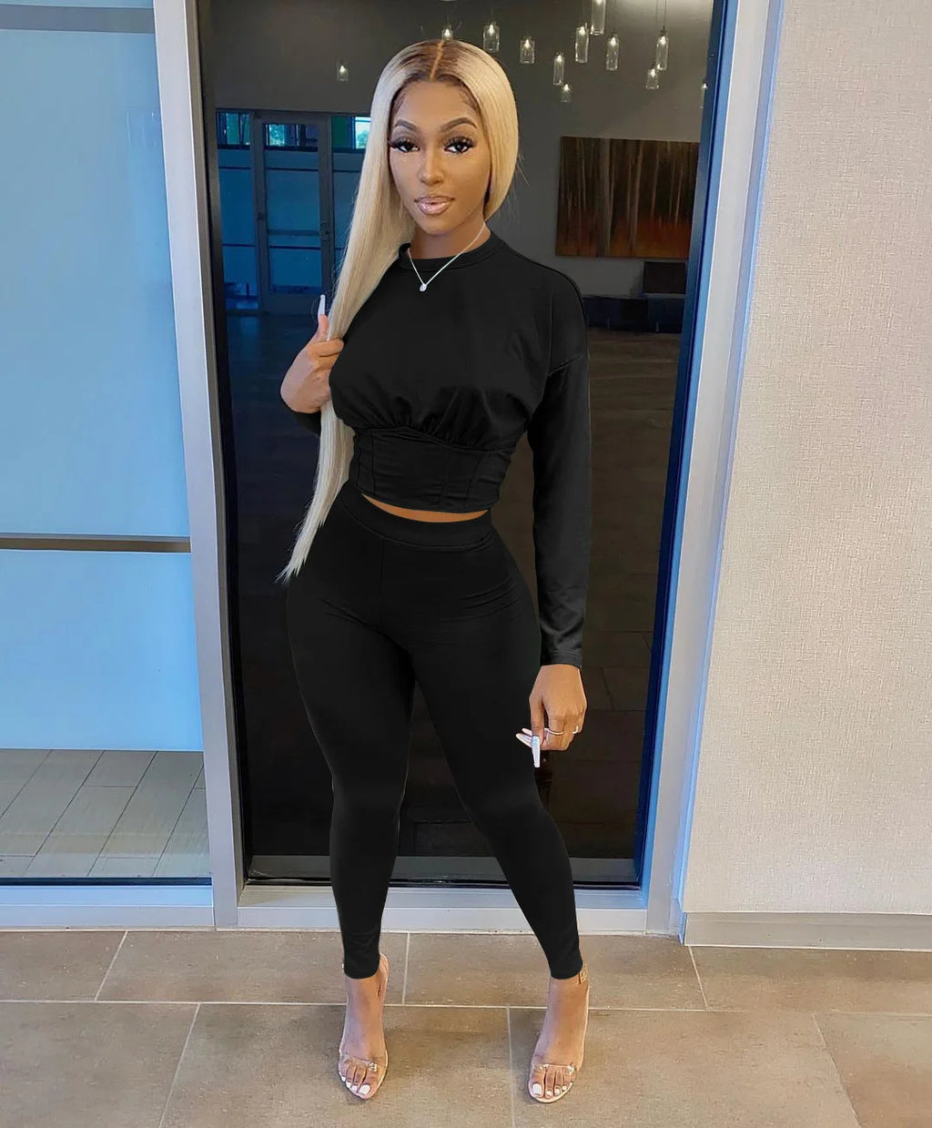 New Autumn Women's Pure Color Sports Waist Suit Fashion Casual Two-piece Set