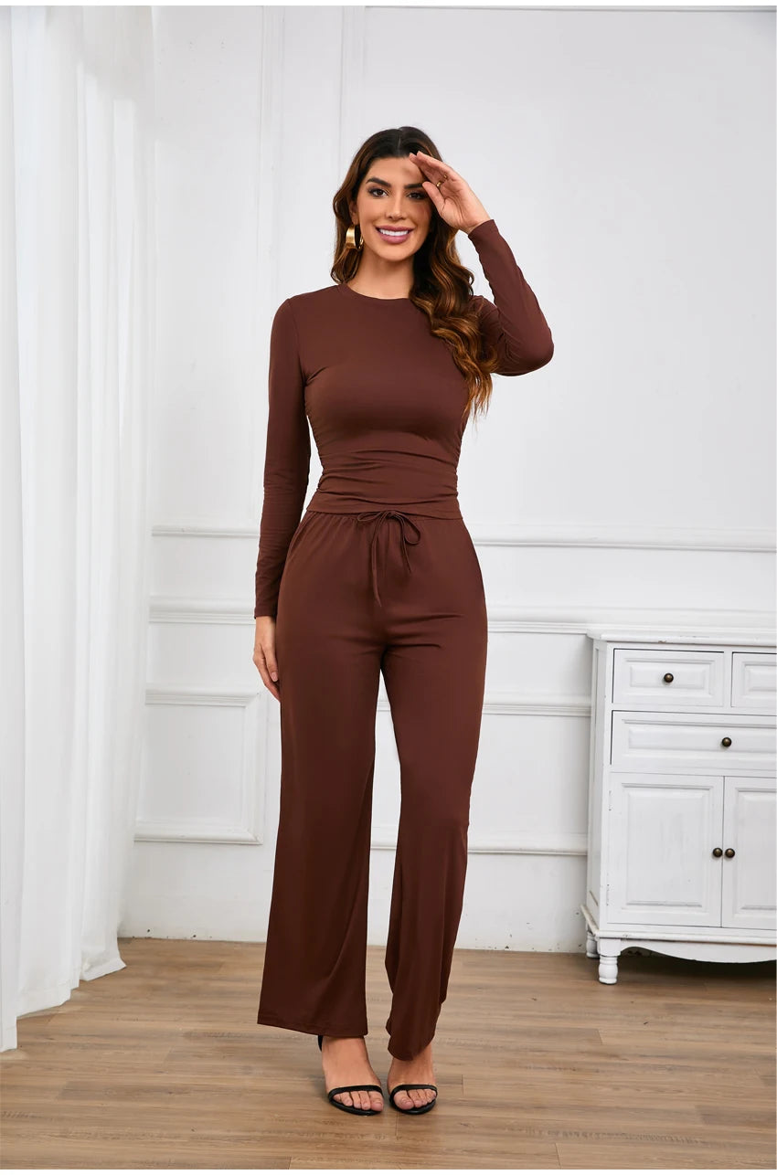 Autumn Winter Trend Fashion Women's Two Pieces Set Solid Casual O Neck Long Sleeve T-shirts & High Waist Wide Leg Pants Sets