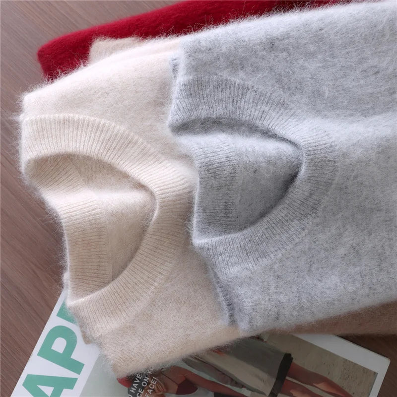 Autumn Winter Sweater Pullover Women's Clothing 100% Mink Cashmere Sweater Pullover O-Neck Basic Long Sleeve Warm Fleece Knitted