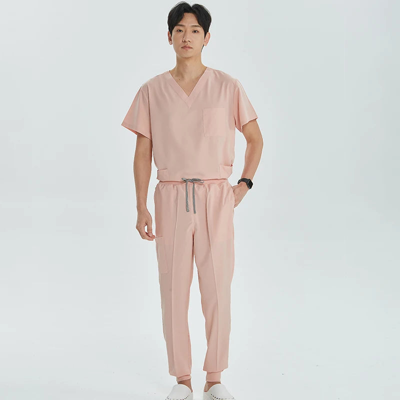Green Hospital Work Uniforms Short-sleeved Doctor Outfit Clinical Scrub Set for Women Men Nurse V-neck Top Jogger Pant Scrub S21