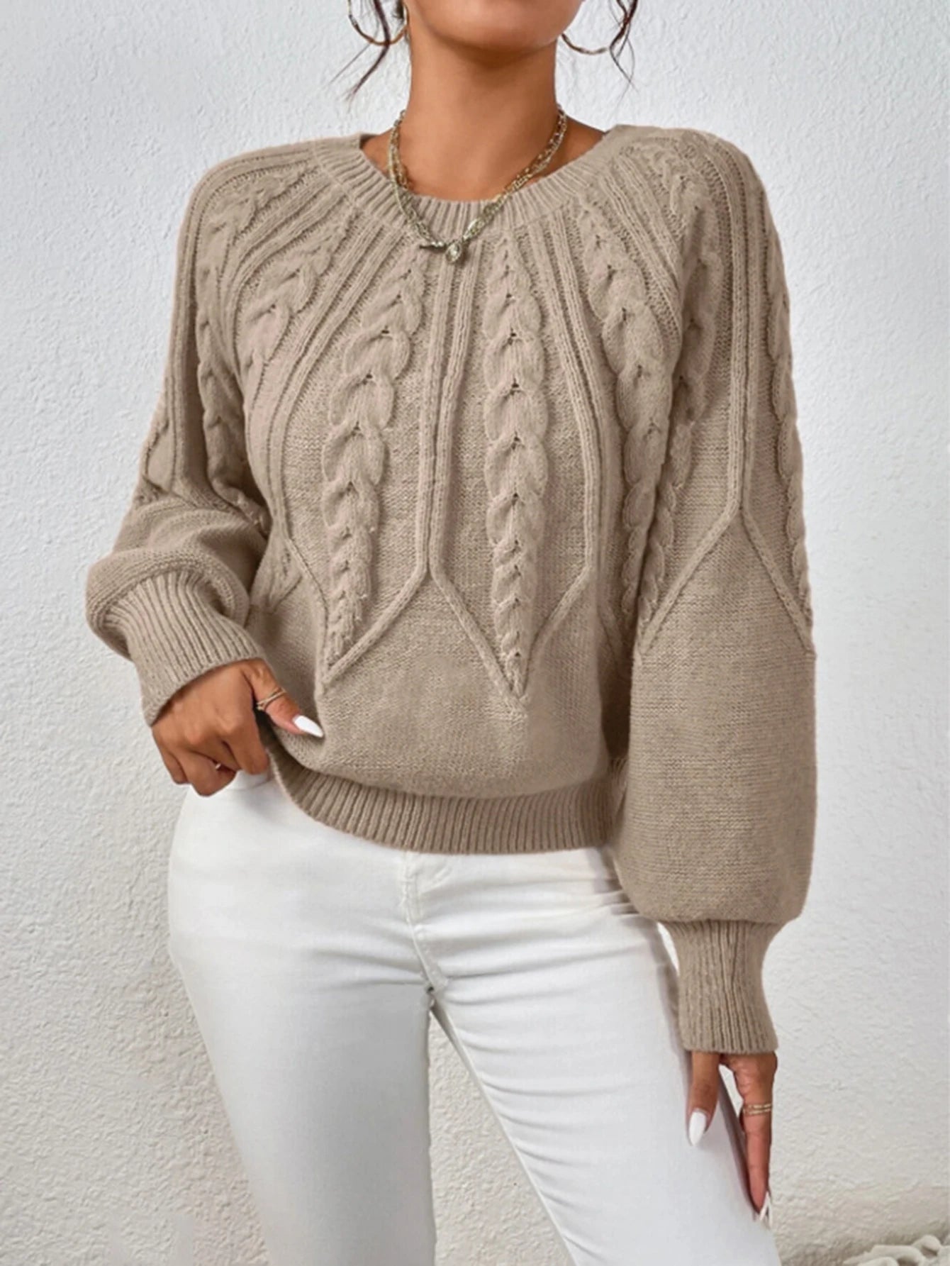 Autumn Winter Sweater 2025 Women's Elegant Plain Texture Long Lantern Sleeve Crew Neck Basics Sweater