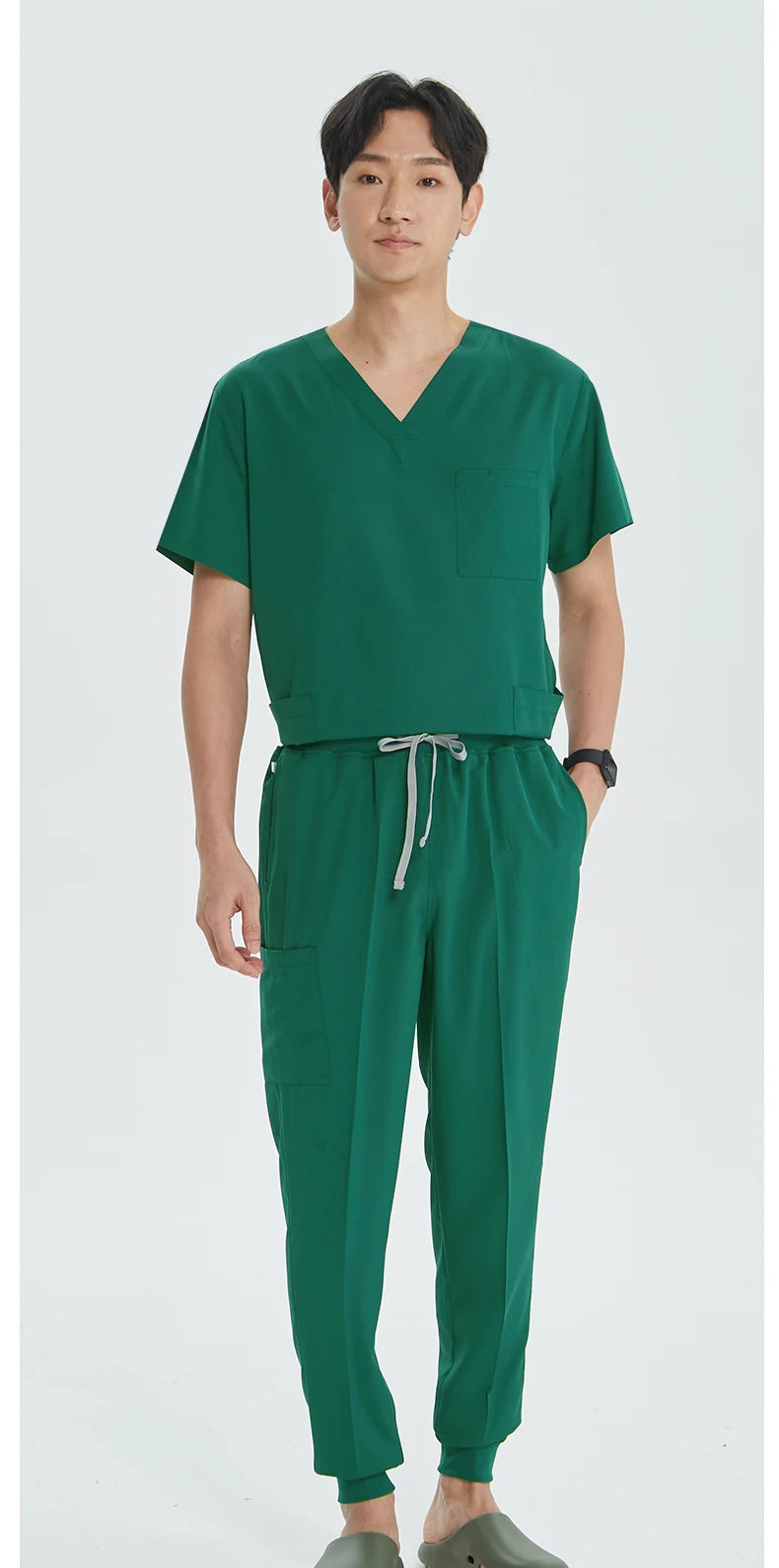 Green Hospital Work Uniforms Short-sleeved Doctor Outfit Clinical Scrub Set for Women Men Nurse V-neck Top Jogger Pant Scrub S21