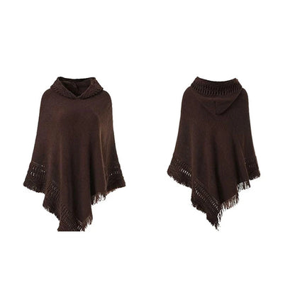 Women Winter Warm Knitted Hooded Poncho Cape Solid Color Crochet Fringed Tassel Shawl Wrap Oversized Pullover Cloak Sweater Top