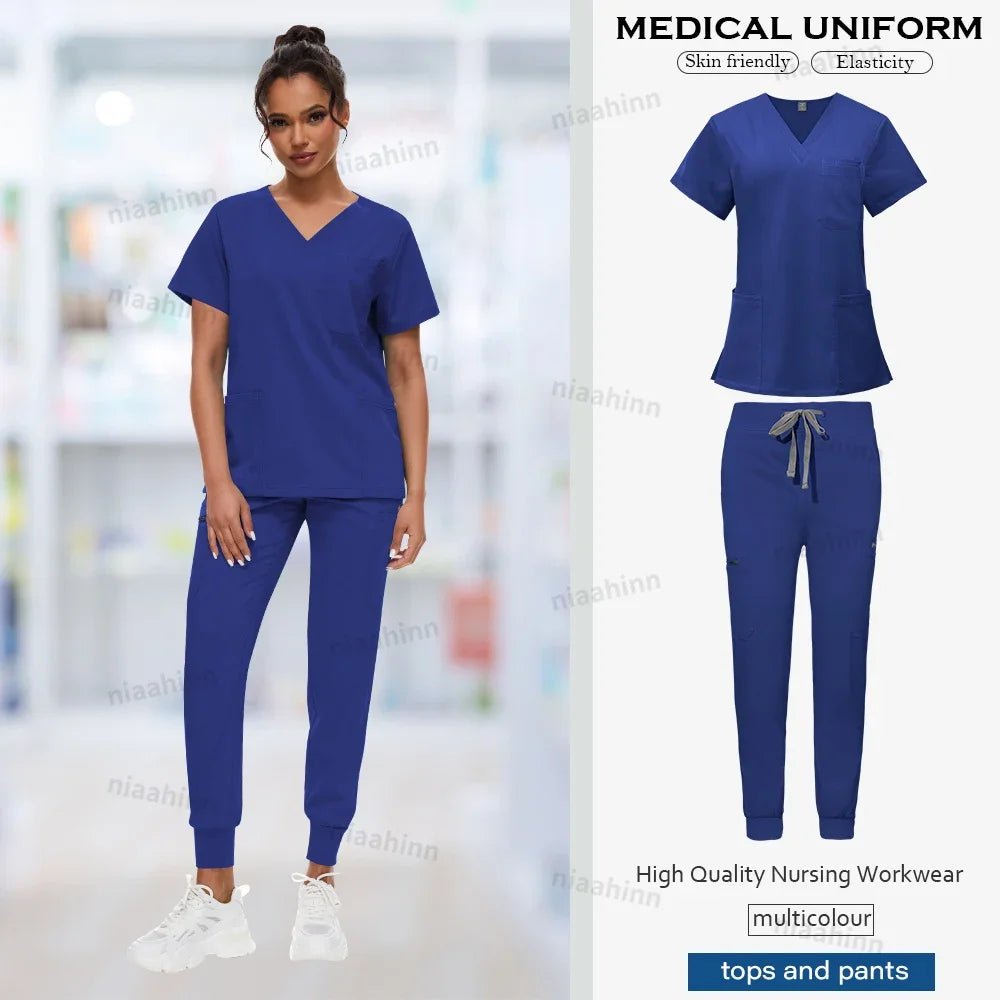 Doctor Nursing Uniforms Multicolour Jogger Suit V-neck Tops Pocket Pants Nurse Scrubs Set New Medical Clinical Clothes Women Men