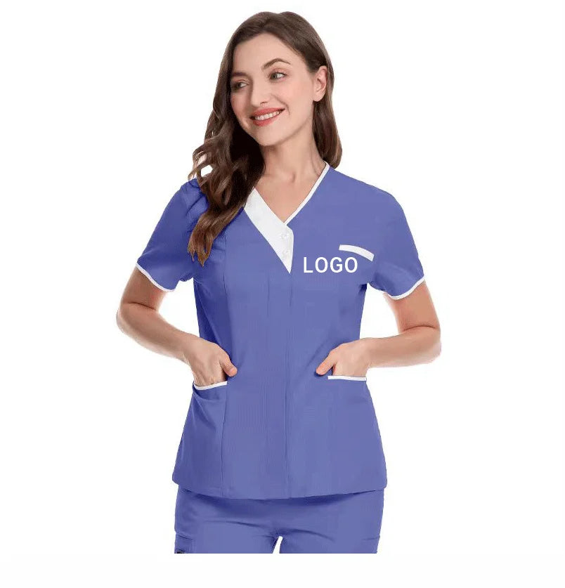Custom Nurse UniformScrubs Tops Short Sleeve Pocket Clinic Nursing Scrub Tops Healthcare Carer Tunic Design Print Logo
