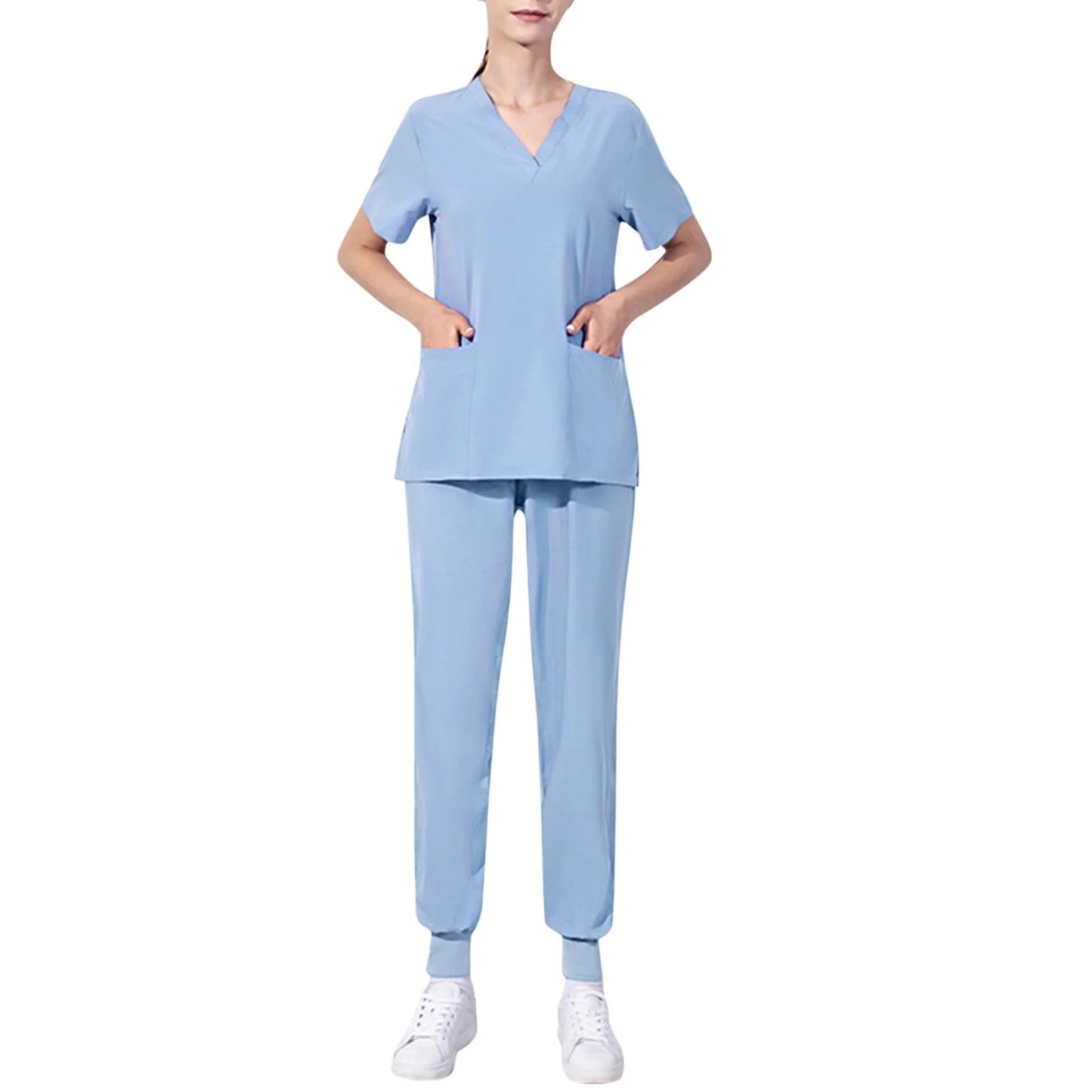 Nursing Uniforms Two Piece Unisex Shorts Scrub Sets Sleeve Pocket Top Tee Loose Pants Beauty Salon Workwear Overalls Plus Size