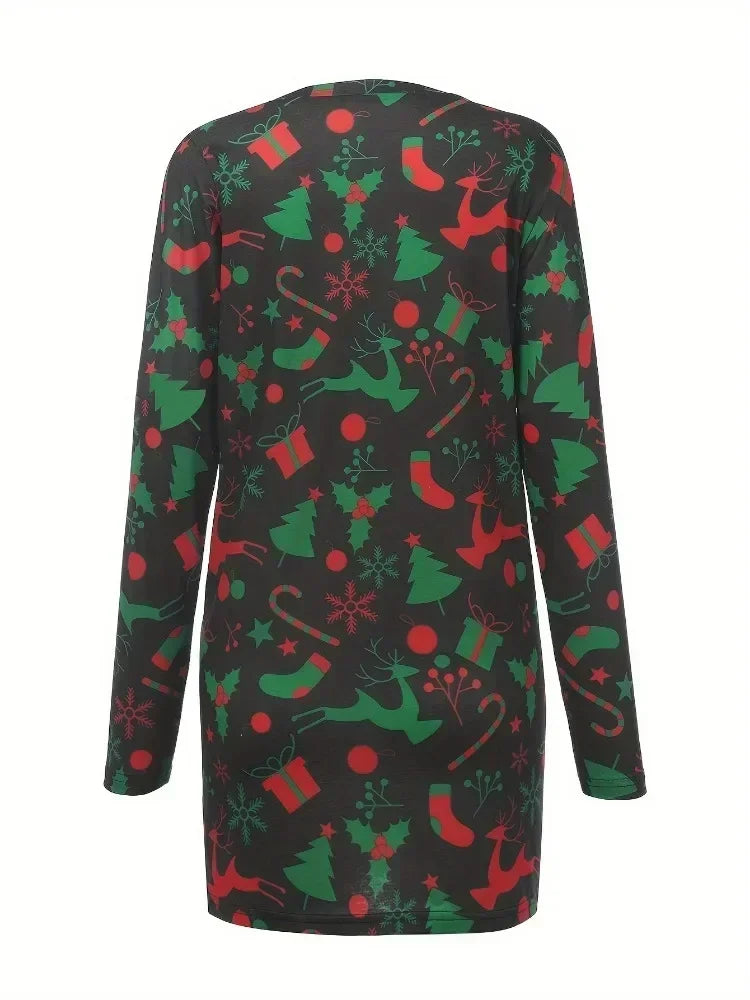 Plus Size Women's Fashion Christmas Printed Pocket Long Sleeved T-shirt Ladies Casual Autumn Winter Home Clothes Long Tee Tops