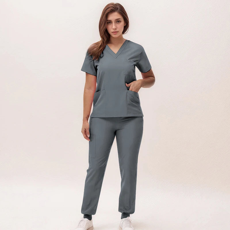 Short Sleeves Nurse Uniforms V-neck Top Jogger Pants  Women Surgical Scrubs Dentist Nursing Suit Pet Hospital Doctor Outfit S21