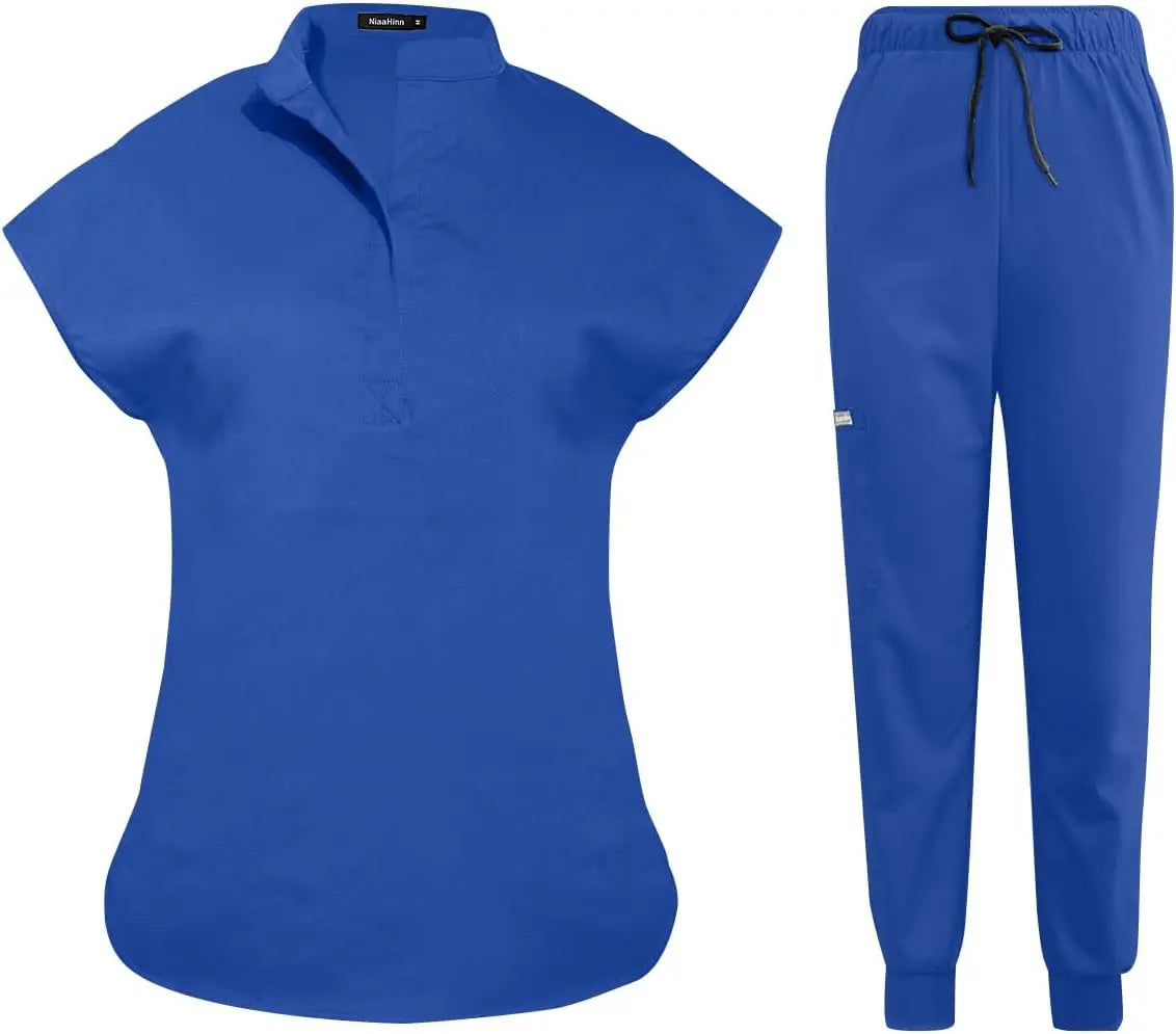 niaahinn Scrubs Set for Women Nurse Uniform Jogger Suit Stretch Top & Pants with Multi Pocket for Nurse Esthetician Workwear