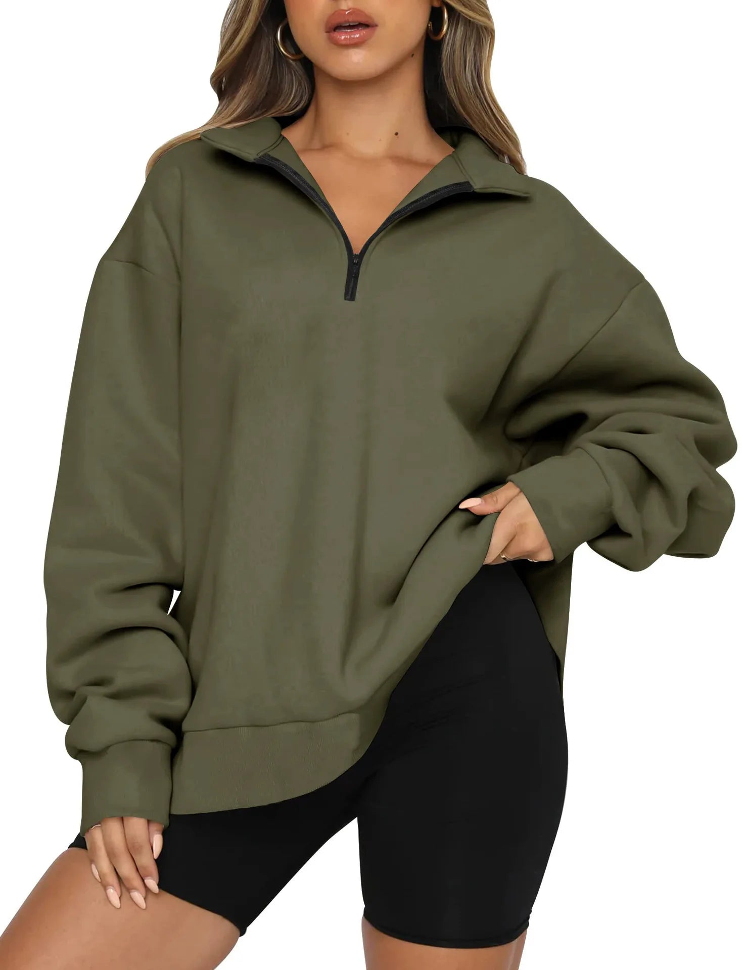 Women Sweatshirts Turn Down Collar Zipper Pullovers Long Sleeve Spliced Thick Warm Sweatshirt Outwear Autumn Winter 2024
