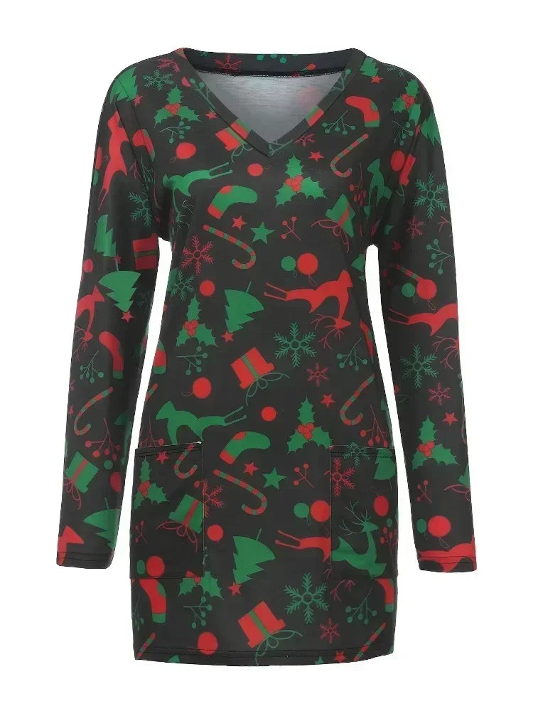 Plus Size Women's Fashion Christmas Printed Pocket Long Sleeved T-shirt Ladies Casual Autumn Winter Home Clothes Long Tee Tops