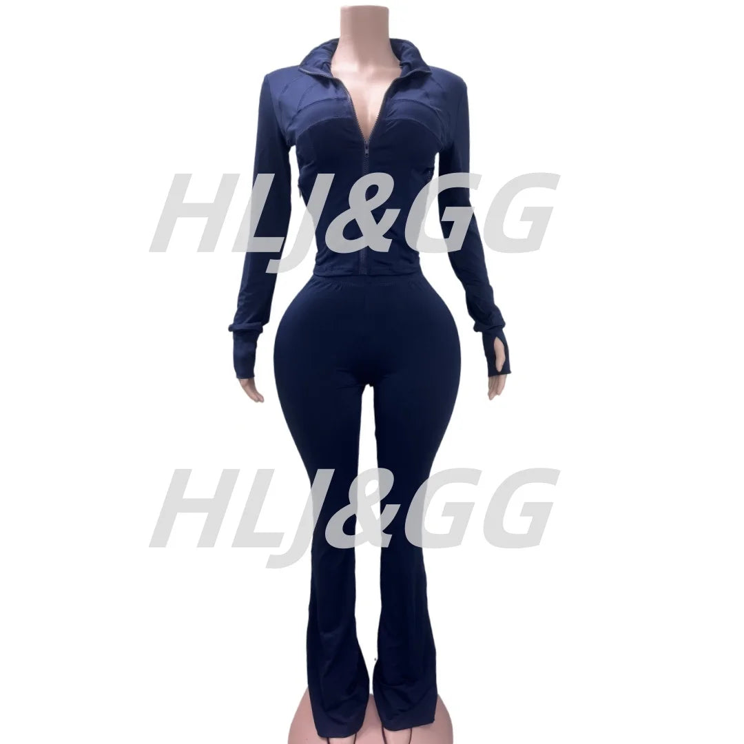 HLJ&GG Casual Solid Sporty Two Piece Sets Women Zipper Long Sleeve Slim Top And Skinny Pants Outfits Spring New 2pcs Tracksuits