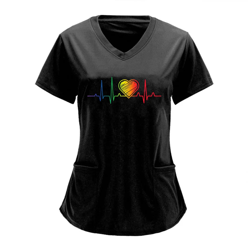 Women T-shirt Working Uniform Print Pocket Pet Grooming Nurse Uniform Clothing Hospital Solid Short Sleeve Spa V-Neck Scrub Tops