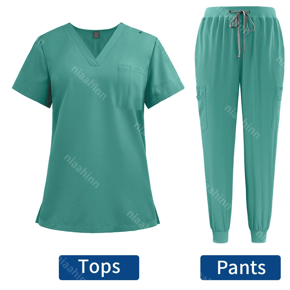 Niaahinn Surgical Uniforms Women Scrub Set Medical Nursing Workwear Dental Clinic Doctor Scrubs Tops+Pants Spa Work Unifrom Suit