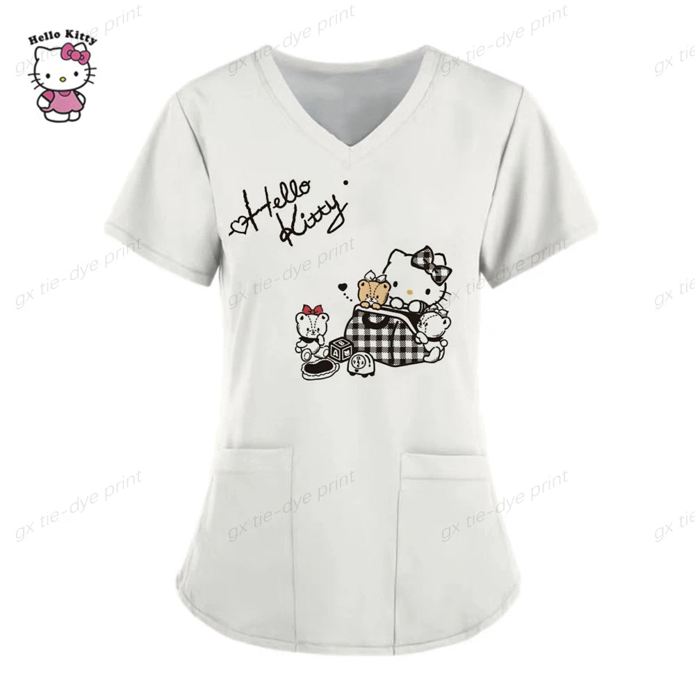 Hello Kitty Uniform Women's Cartoon Hello Kitty Print Nurse Work Shirt Pocket Gown Christmas Healthcare Nurse Scrubs