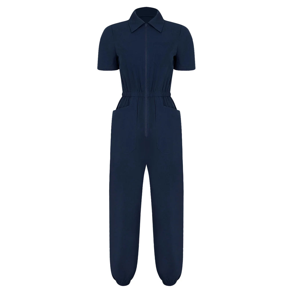 Womens Short Sleeve Scrubs Jumpsuit Front Zipper Elastic Waist Jogger Pants Rompers Nurse Doctor Workwear for Caring Nursing