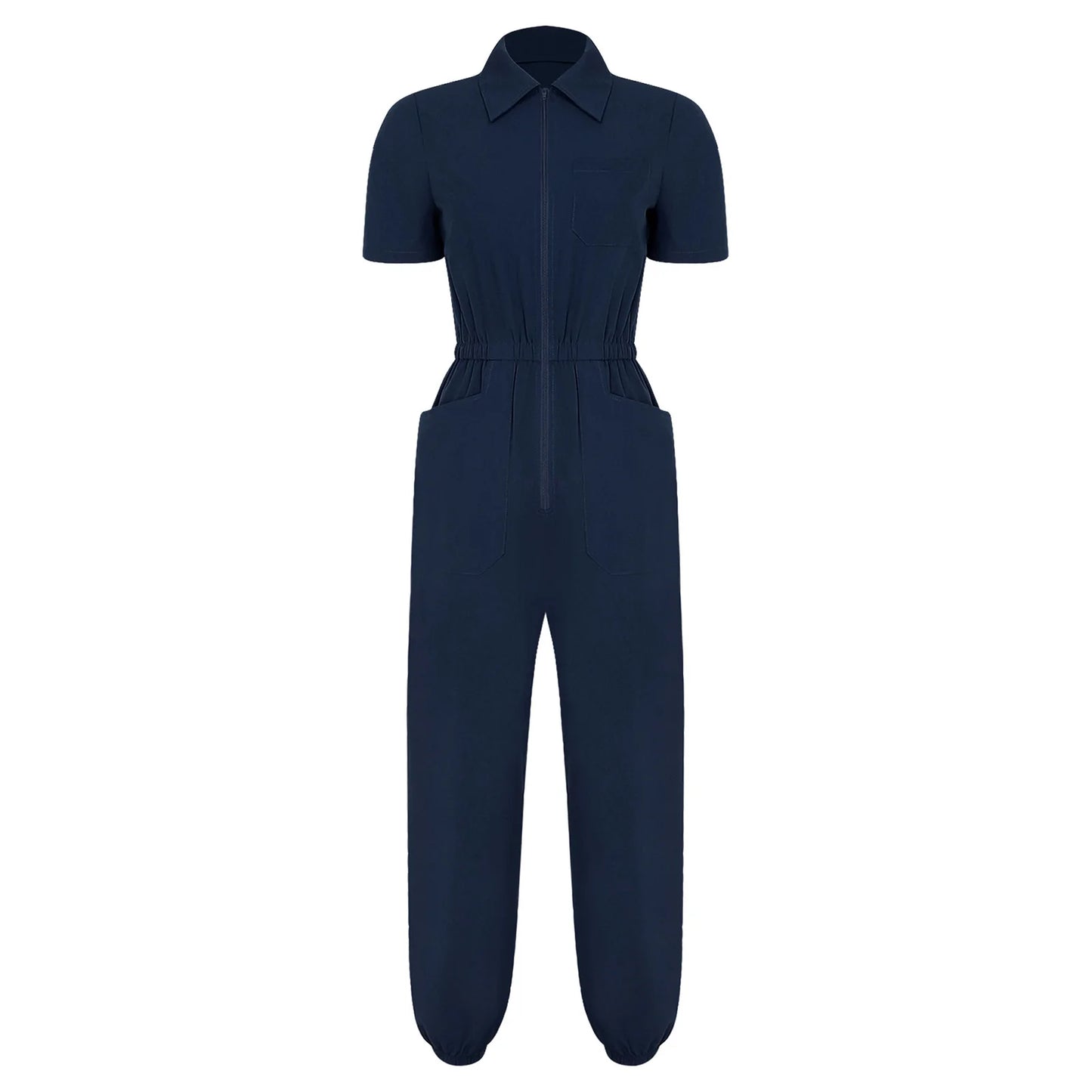 Womens Short Sleeve Scrubs Jumpsuit Front Zipper Elastic Waist Jogger Pants Rompers Nurse Doctor Workwear for Caring Nursing