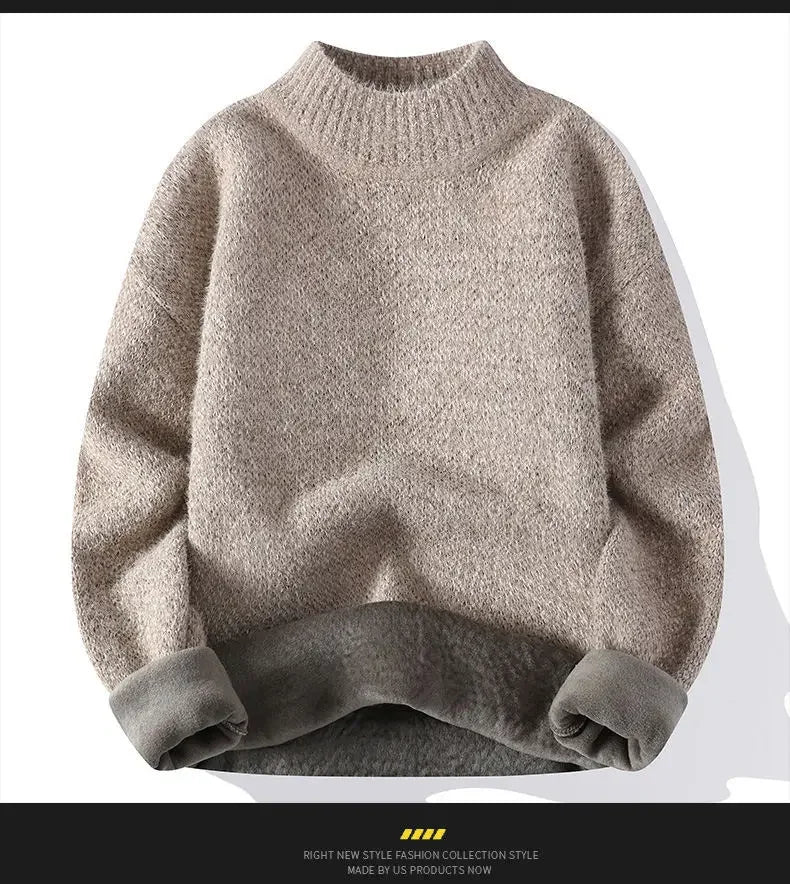 New Winter Men Mock Neck Sweaters Fleece Warm Knitted Pullovers Man Streetwear Loose Casual Sweaters Good Quality Male Pullovers