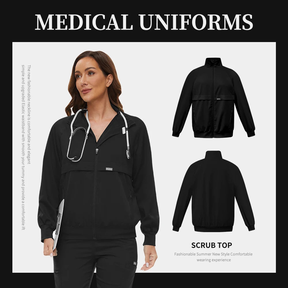 Scrub Jackets Warm Up Medical Scrub Jackets for Women Zip Front Long Sleeved Jacket Doctor Nursing Scrub Outerwear Workwear Tops