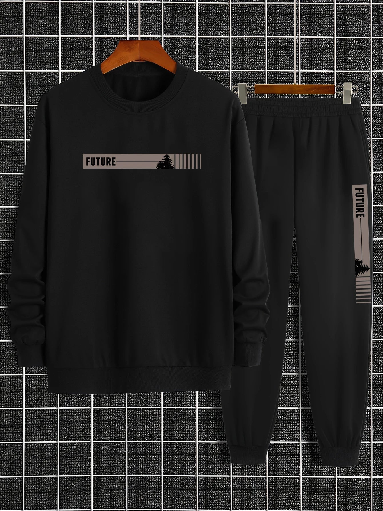 Men's Autumn and Winter Set With Future Print Casual Long Sleeve Pants Two-pieces Suit Comfortable Sportswear Suit Crew Neck