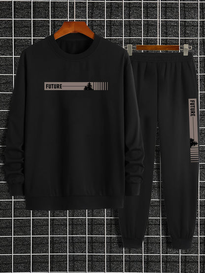 Men's Autumn and Winter Set With Future Print Casual Long Sleeve Pants Two-pieces Suit Comfortable Sportswear Suit Crew Neck