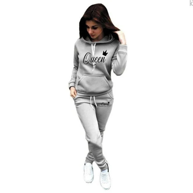 Plus Size Women's Two-piece QUEEN Printed Sportswear Jogging Suit Women's Hooded Sportswear Suit Clothes Hoodie + Sweatpants
