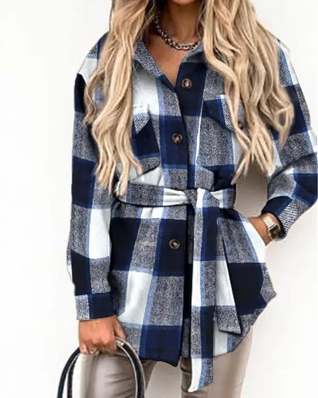 Women's Fashion Autumn and Winter Blouses Jackets Strap Plaid Printed Woolen Jacket Ladies Casual Pockets Coats Clothing