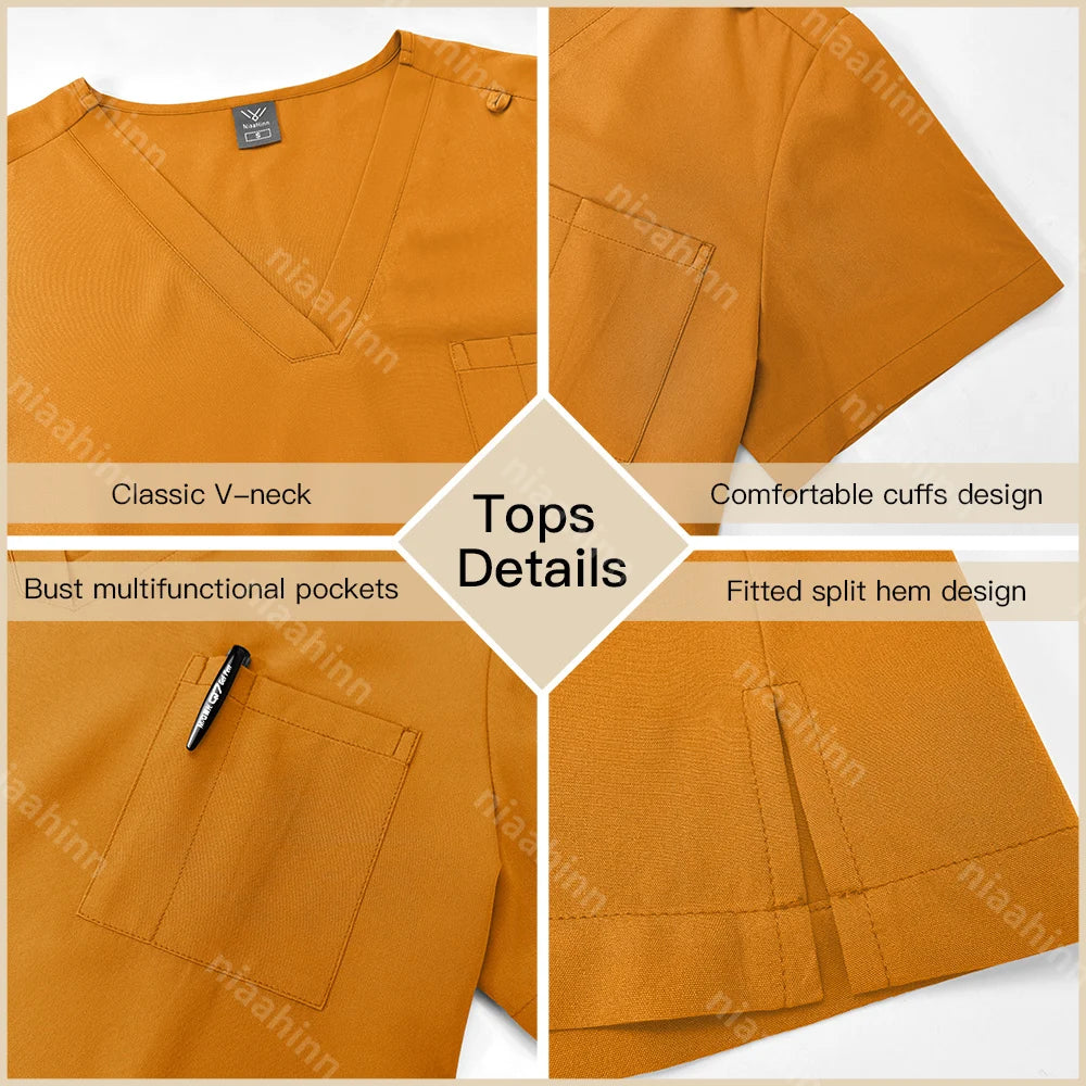Niaahinn Surgical Uniforms Women Scrub Set Medical Nursing Workwear Dental Clinic Doctor Scrubs Tops+Pants Spa Work Unifrom Suit