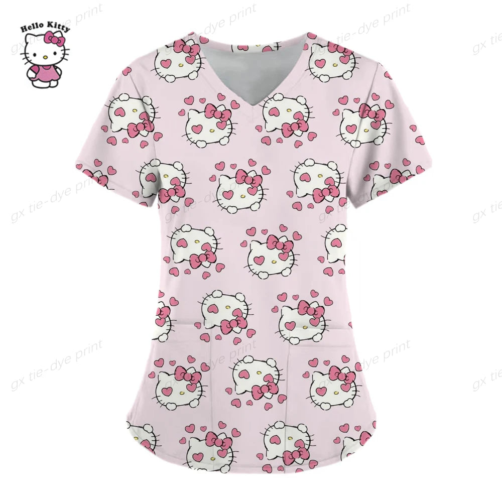 Hello Kitty Uniform Women's Cartoon Hello Kitty Print Nurse Work Shirt Pocket Gown Christmas Healthcare Nurse Scrubs