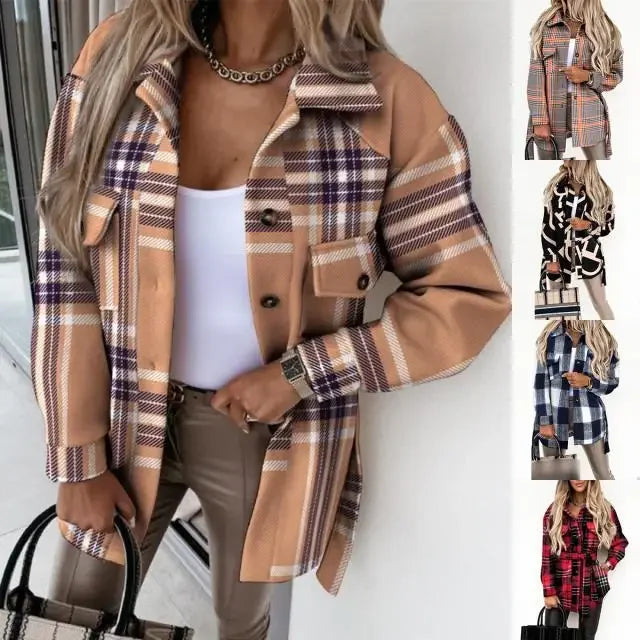 Women's Fashion Autumn and Winter Blouses Jackets Strap Plaid Printed Woolen Jacket Ladies Casual Pockets Coats Clothing