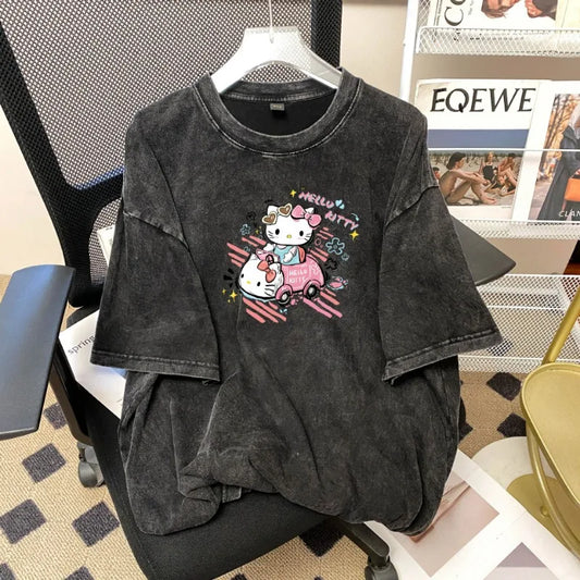 Hello Kitty Print 100%Cotton Boys Girls T-shirt Men Women Anime Short Y2k Mommy Daughter Matching Clothe Family Matching Outfits