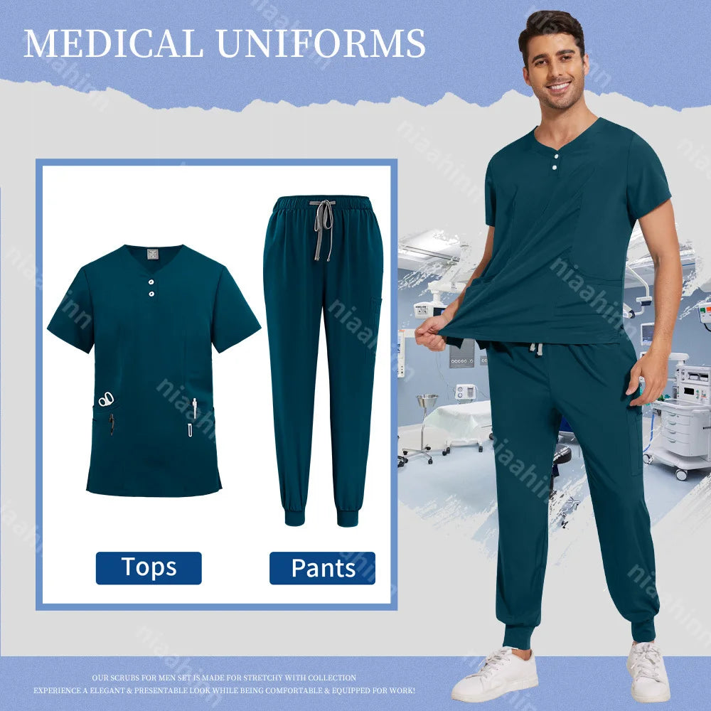 Scrubs Tops Jogger Pants Set Men Nurse Uniform Wholesale Lab Dustproog Workwear Doctor Uniform Suit for Men Medical Clothing Set