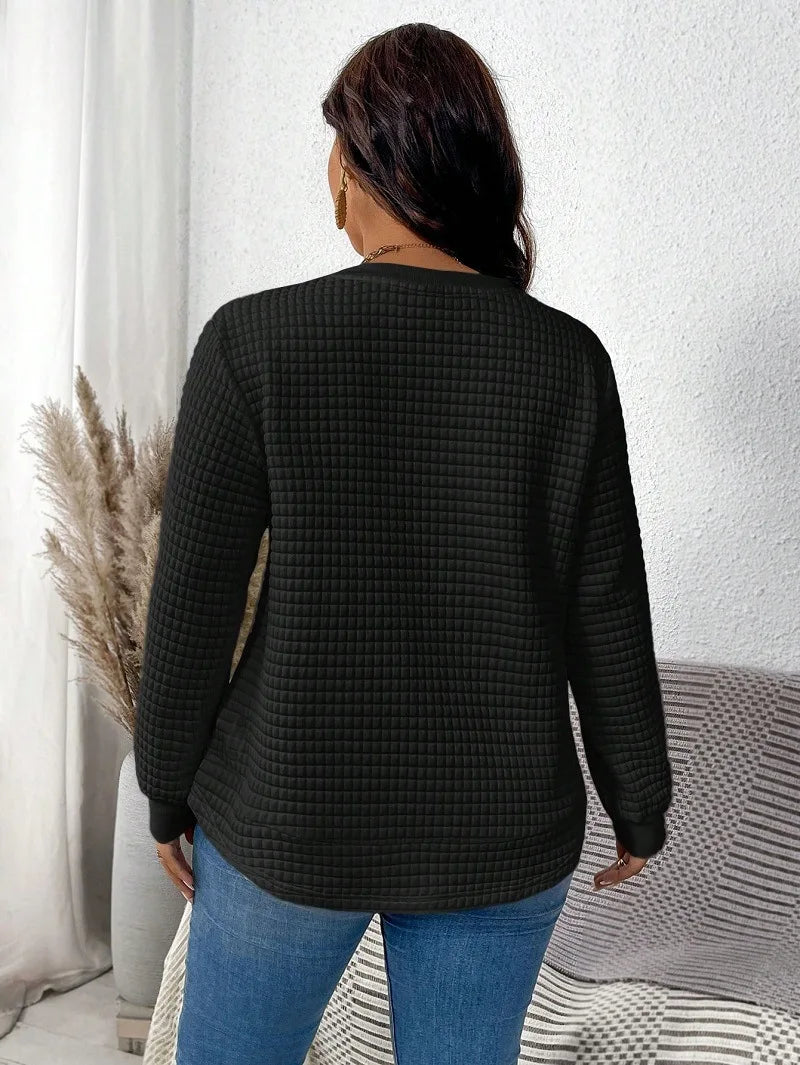 Plus-Size Women's Spring And Winter Fashion Casual Solid Color Checkered Pullover Sweatshirt Suitable For Commuting Travel