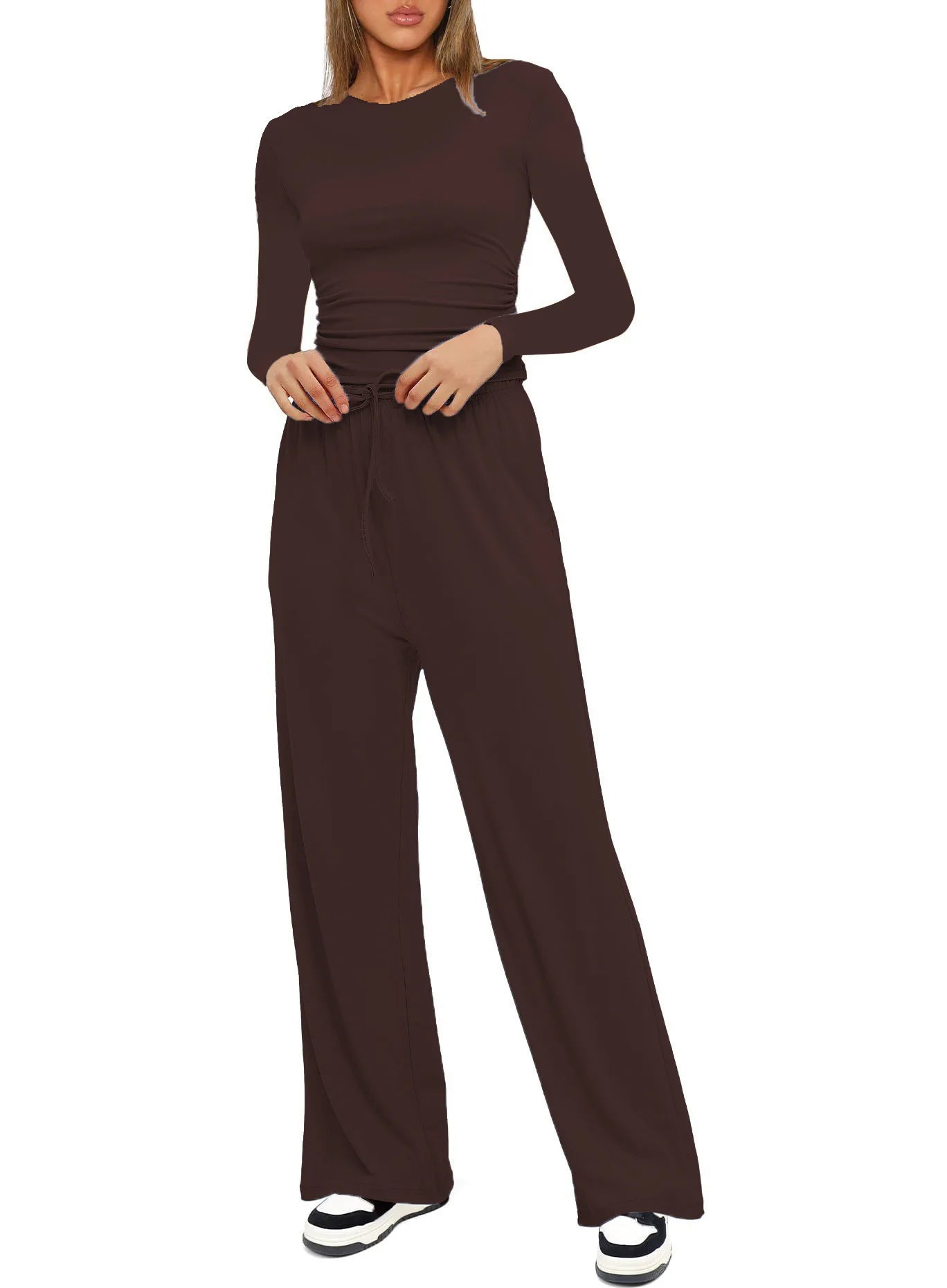 Autumn Winter Trend Fashion Women's Two Pieces Set Solid Casual O Neck Long Sleeve T-shirts & High Waist Wide Leg Pants Sets