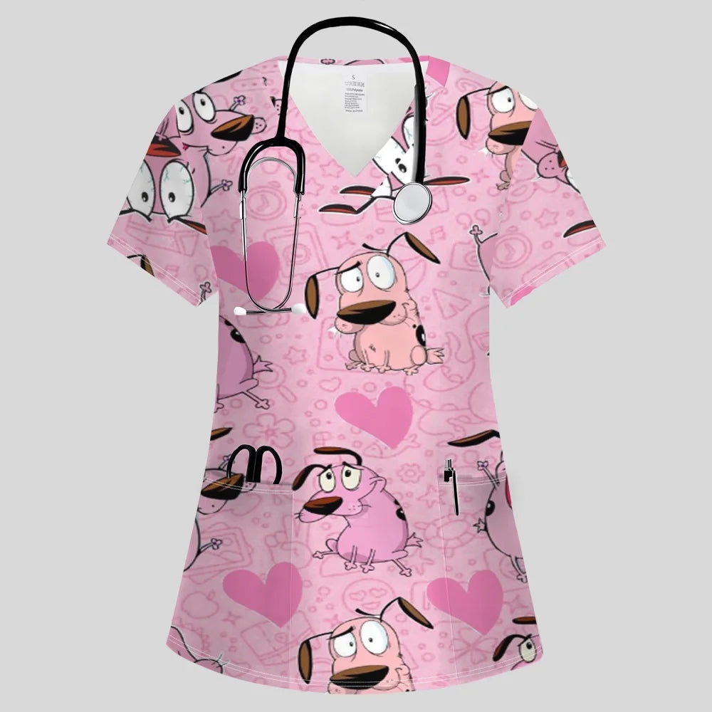 Clinical Uniform Woman Fashion V-Neck Vibrant Pockets T-Shirt Cute Cartoon Print Tops Summer Comfortable Vet Nurse Uniform Woman