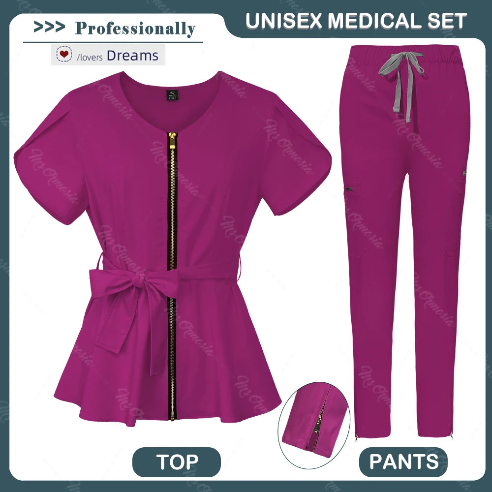 Women Scrubs set,zipper collar beauty clothes,high quality anti wrinkle medical uniforms,soft comfortable fashion nurse workwear