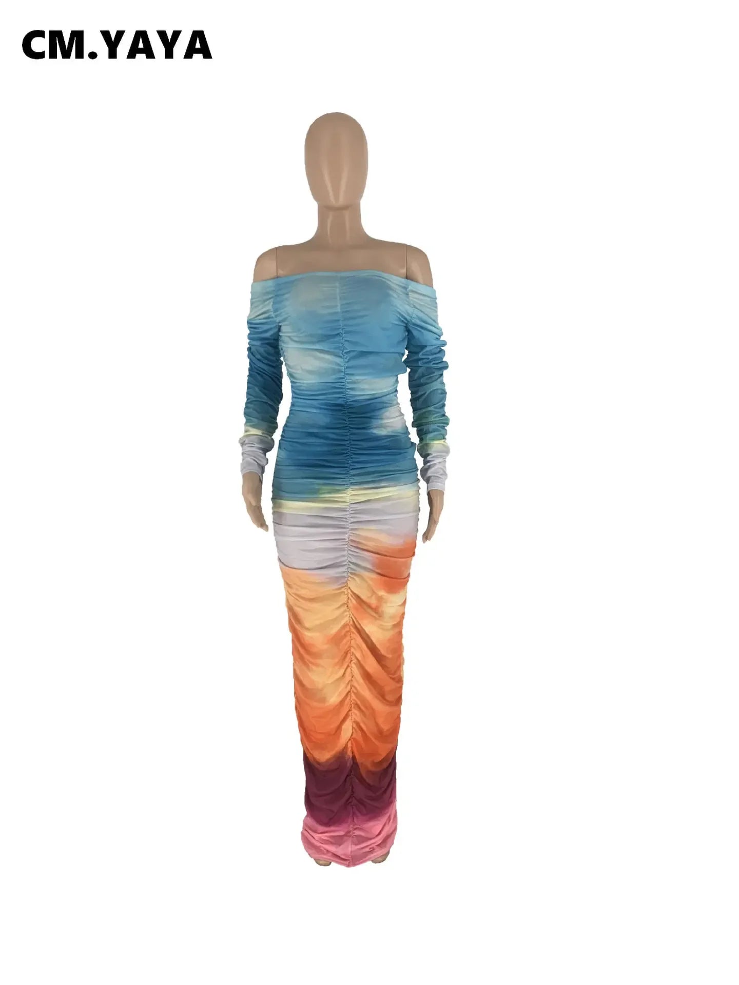 CM.YAYA Women Gradient Tie Dye Printed Off Shoulder Long Sleeve Maxi Long Midi Bodycon Ruched Dress 2023 Sexy Party Club Dresses