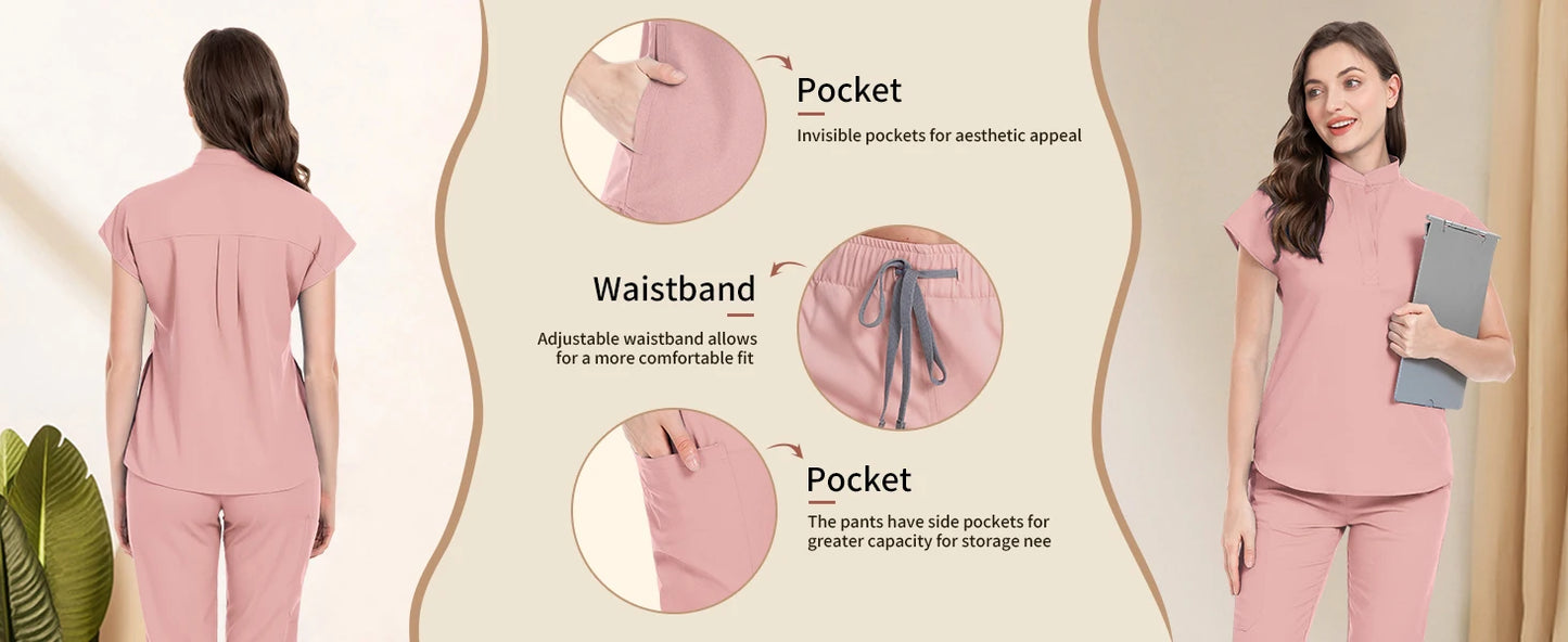 niaahinn Scrubs Set for Women Nurse Uniform Jogger Suit Stretch Top & Pants with Multi Pocket for Nurse Esthetician Workwear