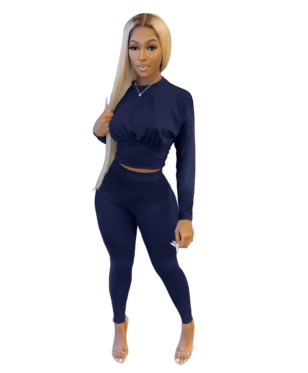 New Autumn Women's Pure Color Sports Waist Suit Fashion Casual Two-piece Set