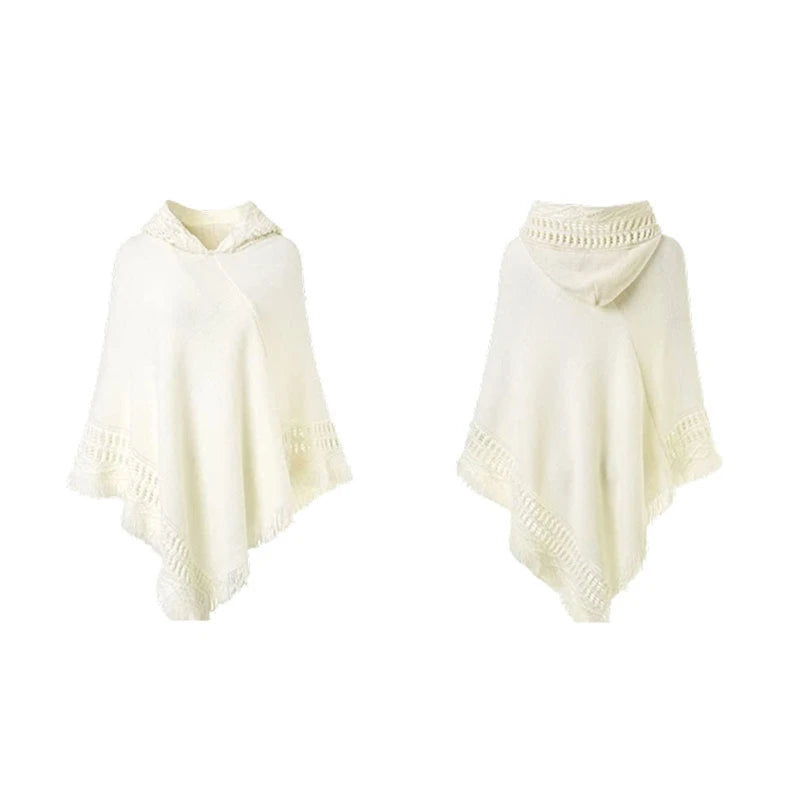 Women Winter Warm Knitted Hooded Poncho Cape Solid Color Crochet Fringed Tassel Shawl Wrap Oversized Pullover Cloak Sweater Top