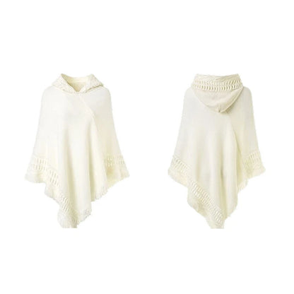 Women Winter Warm Knitted Hooded Poncho Cape Solid Color Crochet Fringed Tassel Shawl Wrap Oversized Pullover Cloak Sweater Top