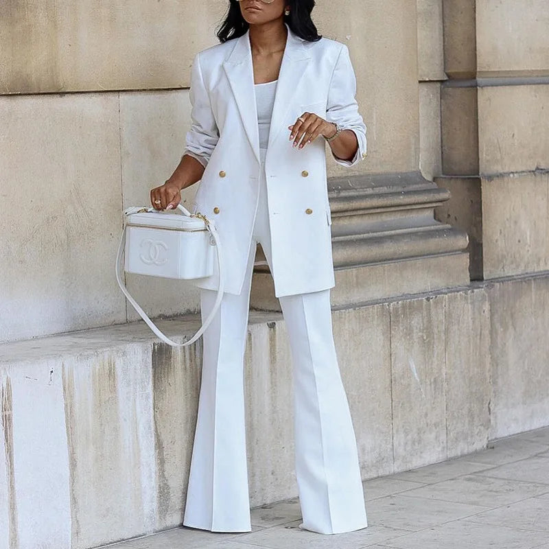 BAMBOOBOY Elegant Women Double Breasted Long Sleeve Blazers with Pocket and Flare Pants Suit Matching Two 2 Piece Set Outfits