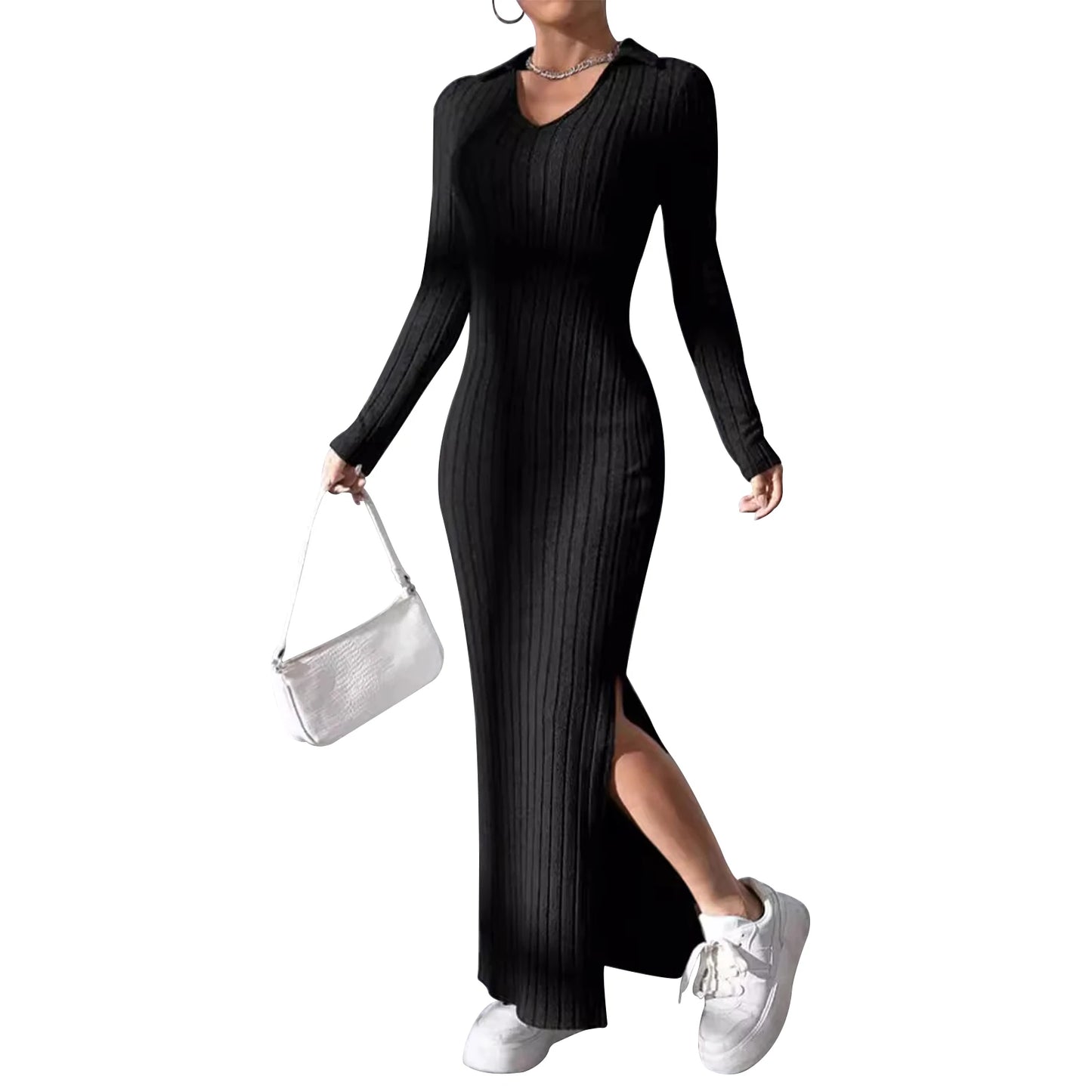 Women's Fall Winter Knitted Dress Long Sleeve Lapel Collar Solid Color Bodycon Long Dress Going Out Dress