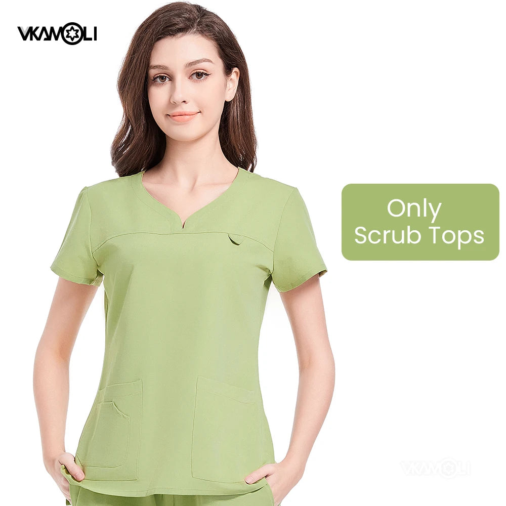 Slim fitting elasticity nurse scrubs tops dentistry doctor lab spa uniform surgical Scrub shirt for woman pharmacy pet hospital