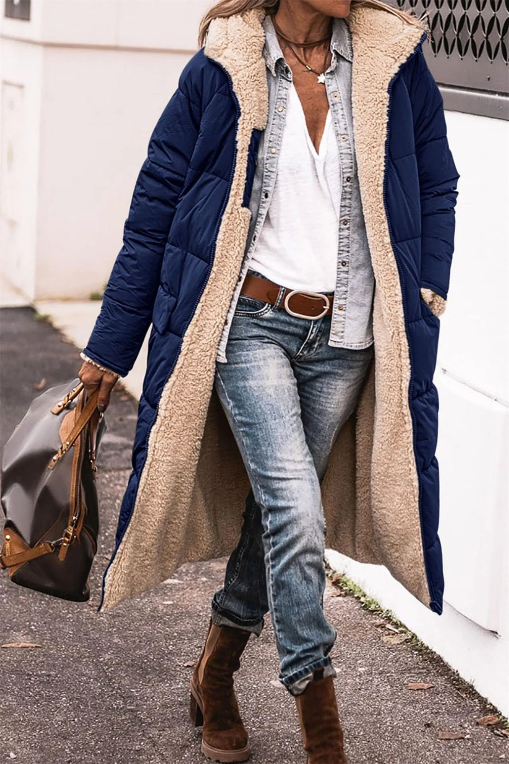 Winter Hooded Quilted Jacket For Women Solid Reversible Long Sleeve Thick Coat Warm Fashion Long Outerwear Casual Puffer Coats