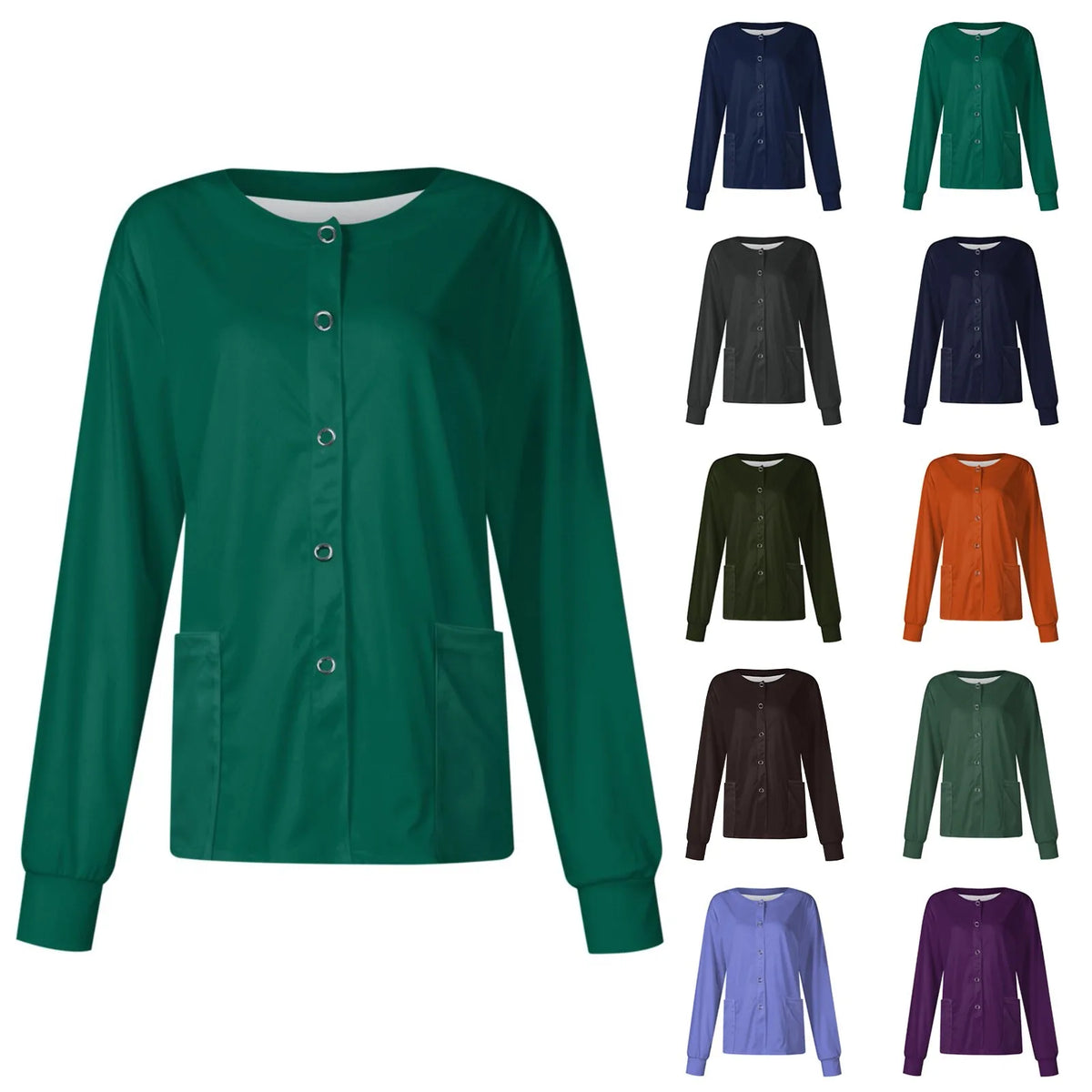 Women Long Sleeve Nurse Uniforms With Pockets Causal Round Collar Solid Single-Breasted Protective Overalls Cardigan Jackets Top