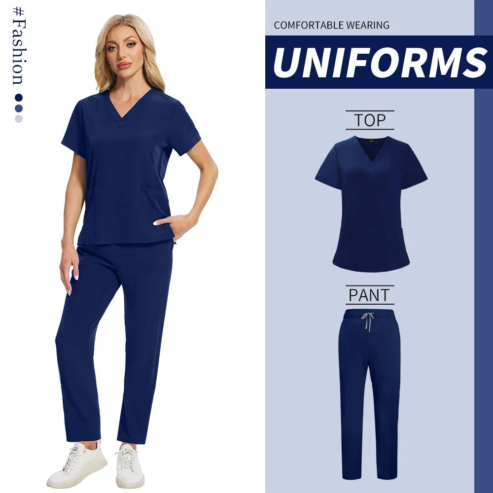 Women Health Service Nurse Uniforms Scrub Set Beauty Salon Spa Workwear Scrubs Top+Pant Doctor Nursing Tunic Suit